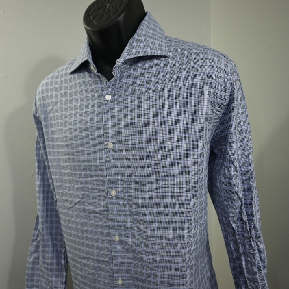 HUGO BOSS Button Up Mens 17 32/33 Sharp Fit Gray Plaid Cotton Long Sleeve Shirt